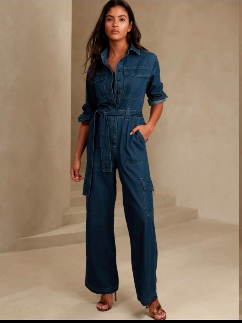 Banana Republic Women’s Wide Leg Utility Chambray Denim Jumpsuit Size XL EUC